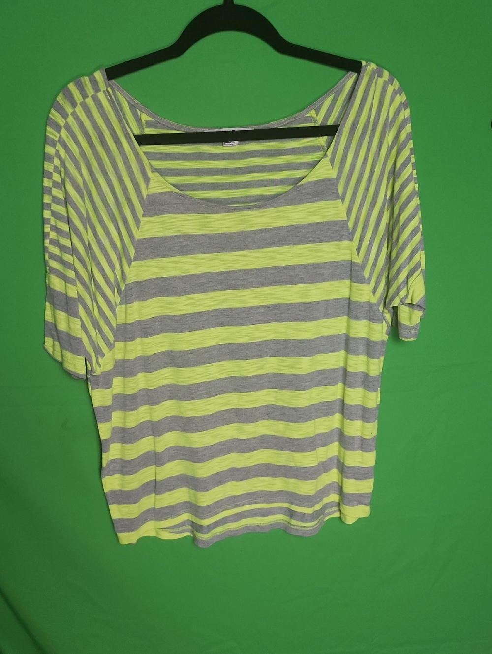 Forever 21 Neon Yellow and Gray Striped Scoop Neck Tee Medium